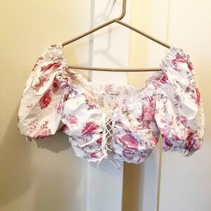 For Love Bell Coquette Top Small Smocked Y2K Puff Sleeve Floral Pink Cottage